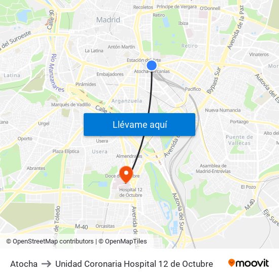 Atocha to Unidad Coronaria Hospital 12 de Octubre map