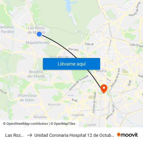 Las Rozas to Unidad Coronaria Hospital 12 de Octubre map