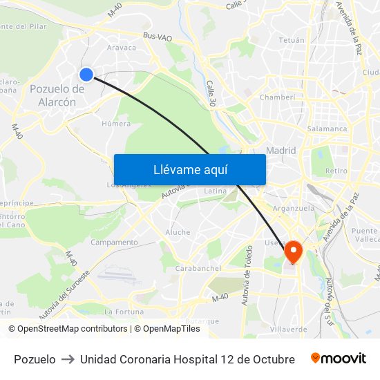 Pozuelo to Unidad Coronaria Hospital 12 de Octubre map