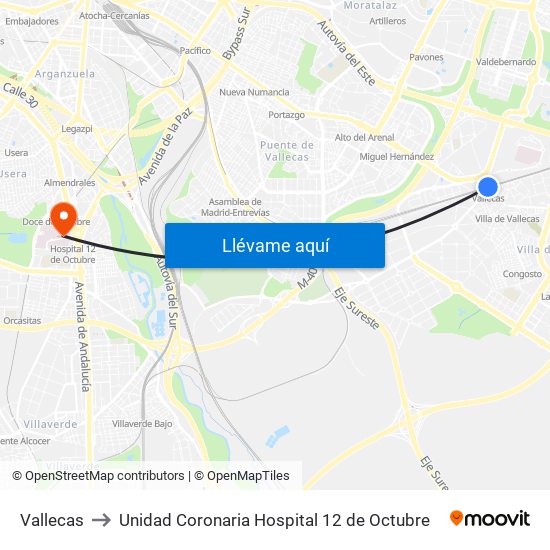 Vallecas to Unidad Coronaria Hospital 12 de Octubre map