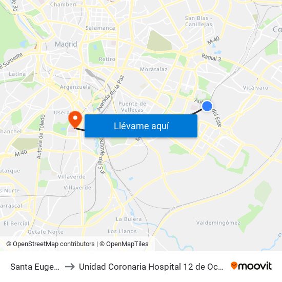 Santa Eugenia to Unidad Coronaria Hospital 12 de Octubre map