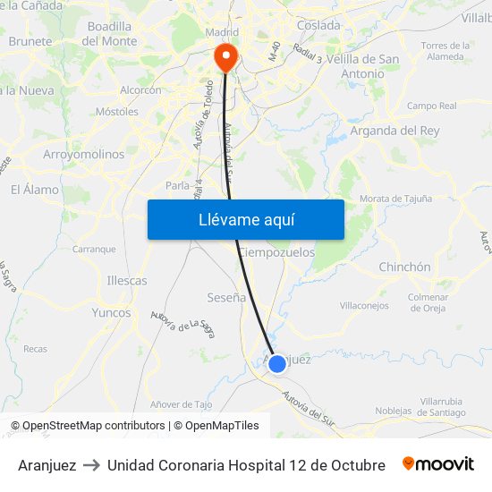 Aranjuez to Unidad Coronaria Hospital 12 de Octubre map