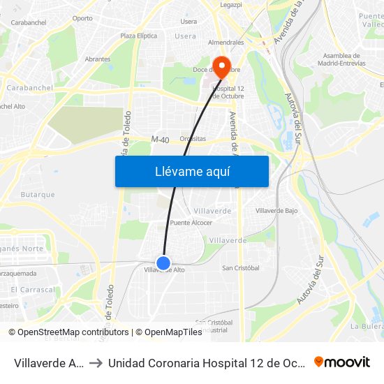 Villaverde Alto to Unidad Coronaria Hospital 12 de Octubre map