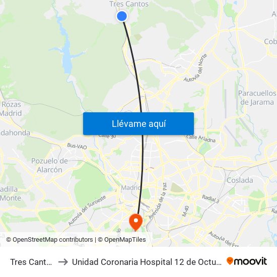 Tres Cantos to Unidad Coronaria Hospital 12 de Octubre map