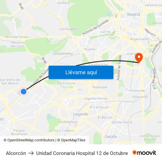 Alcorcón to Unidad Coronaria Hospital 12 de Octubre map