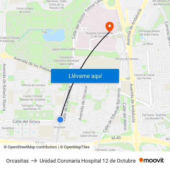 Orcasitas to Unidad Coronaria Hospital 12 de Octubre map