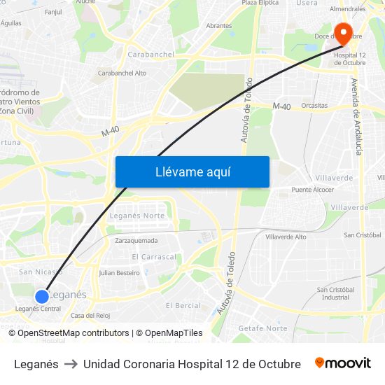 Leganés to Unidad Coronaria Hospital 12 de Octubre map