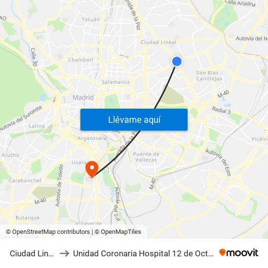 Ciudad Lineal to Unidad Coronaria Hospital 12 de Octubre map