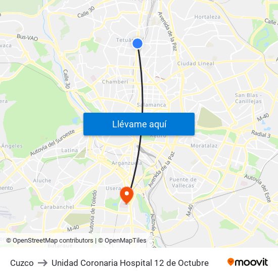 Cuzco to Unidad Coronaria Hospital 12 de Octubre map