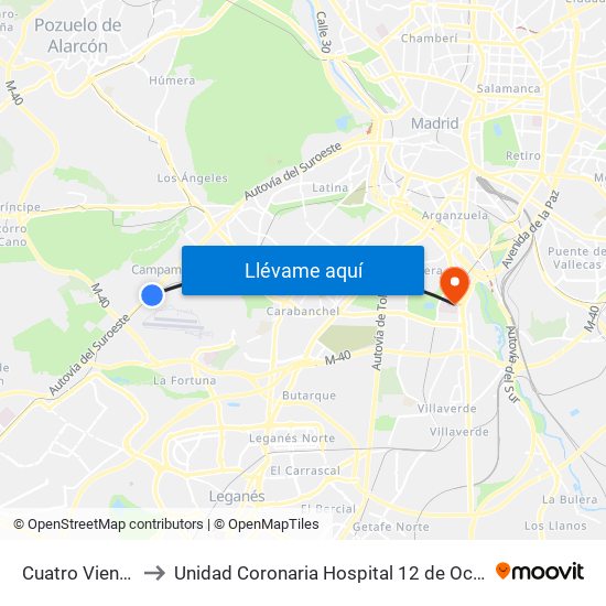 Cuatro Vientos to Unidad Coronaria Hospital 12 de Octubre map