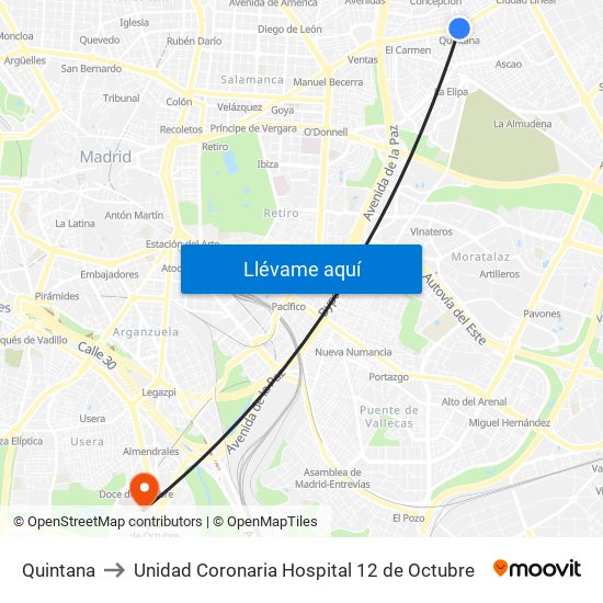 Quintana to Unidad Coronaria Hospital 12 de Octubre map