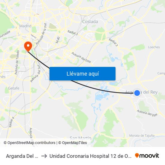 Arganda Del Rey to Unidad Coronaria Hospital 12 de Octubre map