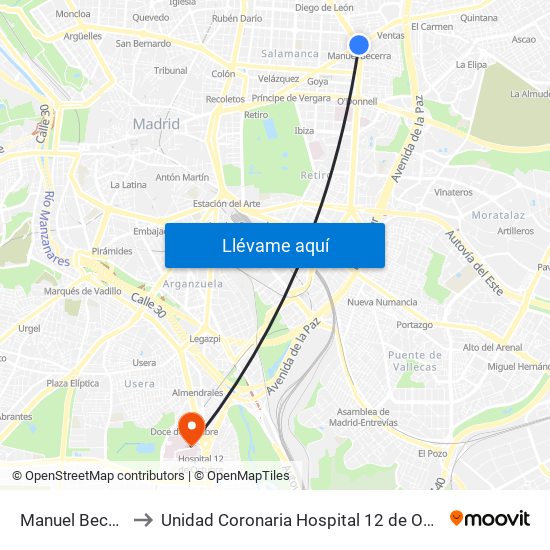 Manuel Becerra to Unidad Coronaria Hospital 12 de Octubre map
