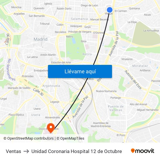 Ventas to Unidad Coronaria Hospital 12 de Octubre map
