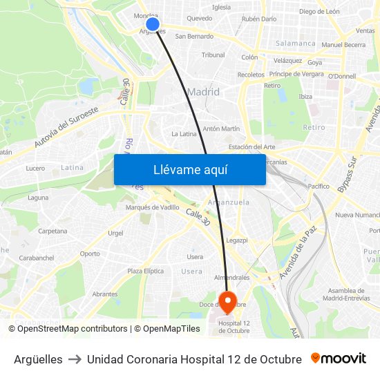 Argüelles to Unidad Coronaria Hospital 12 de Octubre map
