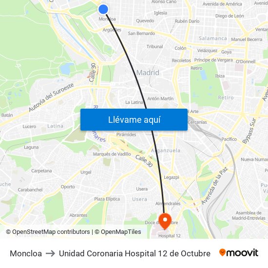 Moncloa to Unidad Coronaria Hospital 12 de Octubre map