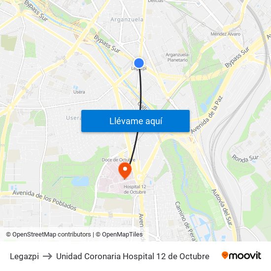 Legazpi to Unidad Coronaria Hospital 12 de Octubre map