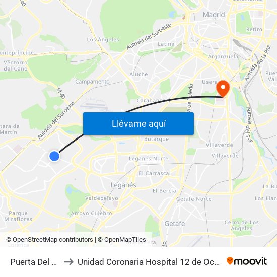 Puerta Del Sur to Unidad Coronaria Hospital 12 de Octubre map