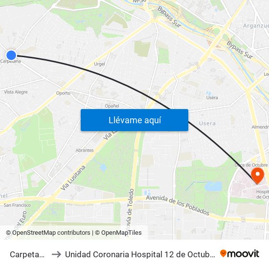 Carpetana to Unidad Coronaria Hospital 12 de Octubre map
