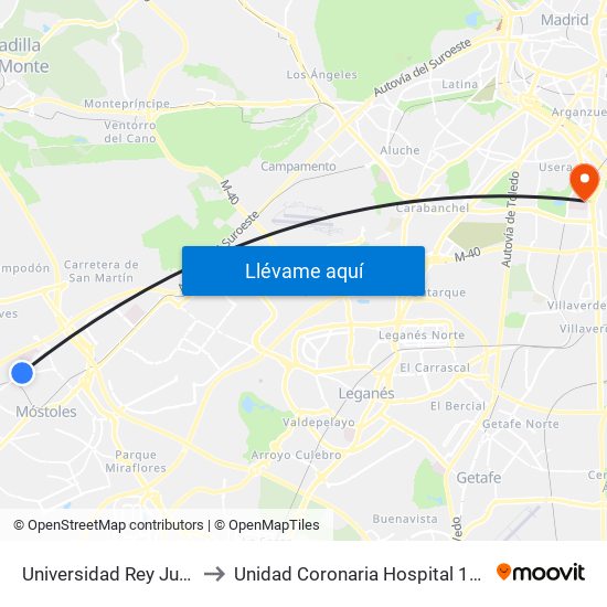 Universidad Rey Juan Carlos to Unidad Coronaria Hospital 12 de Octubre map