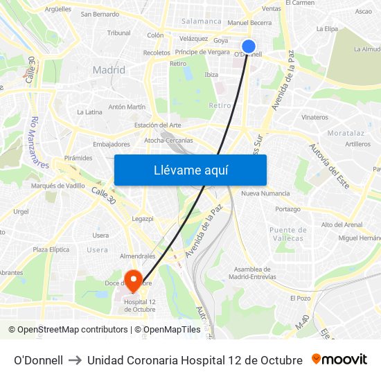O'Donnell to Unidad Coronaria Hospital 12 de Octubre map