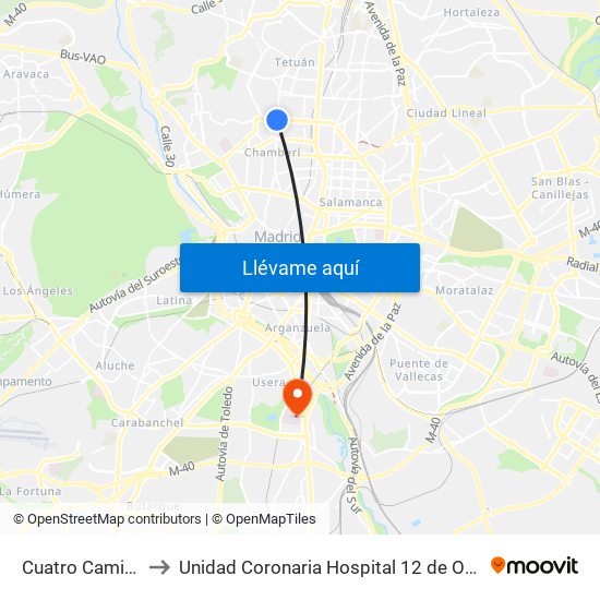 Cuatro Caminos to Unidad Coronaria Hospital 12 de Octubre map
