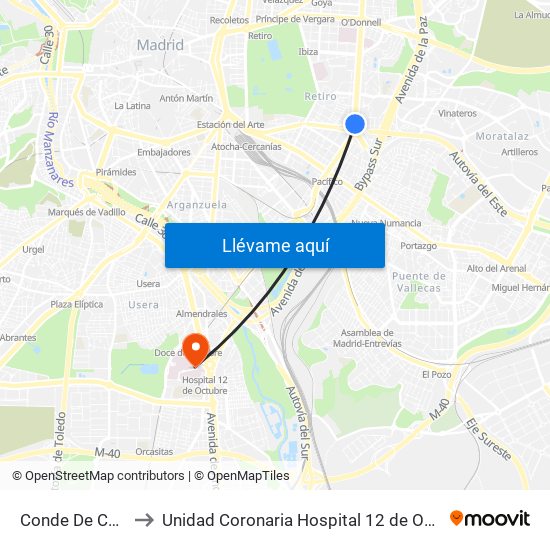 Conde De Casal to Unidad Coronaria Hospital 12 de Octubre map