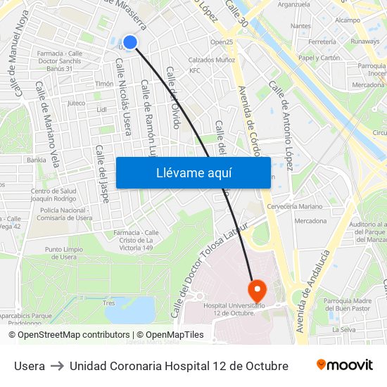 Usera to Unidad Coronaria Hospital 12 de Octubre map