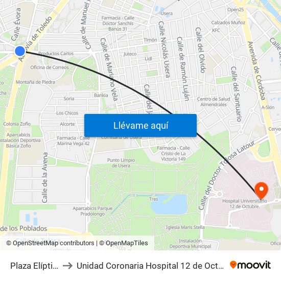 Plaza Elíptica to Unidad Coronaria Hospital 12 de Octubre map