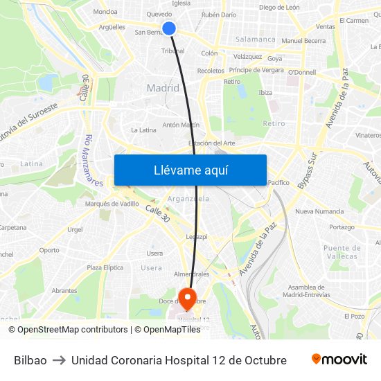 Bilbao to Unidad Coronaria Hospital 12 de Octubre map
