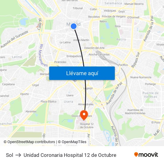 Sol to Unidad Coronaria Hospital 12 de Octubre map