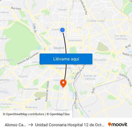 Alonso Cano to Unidad Coronaria Hospital 12 de Octubre map