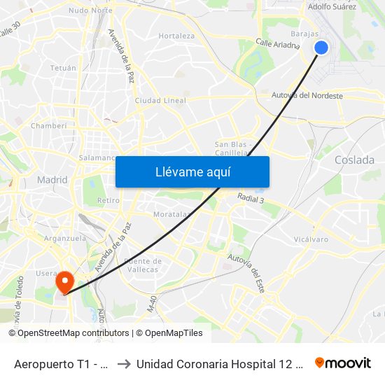 Aeropuerto T1 - T2 - T3 to Unidad Coronaria Hospital 12 de Octubre map