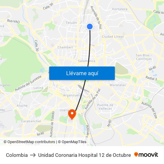 Colombia to Unidad Coronaria Hospital 12 de Octubre map