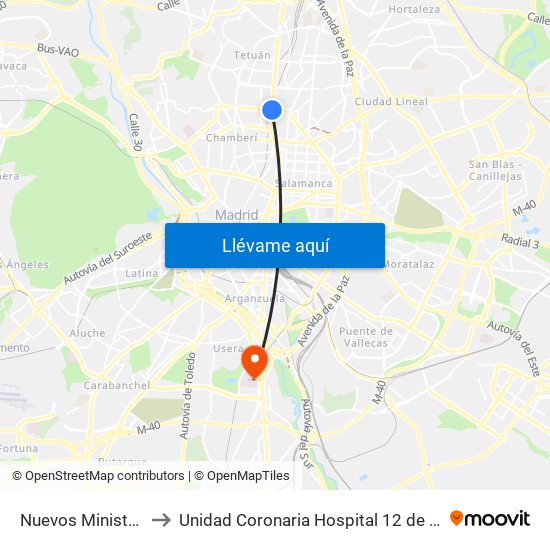 Nuevos Ministerios to Unidad Coronaria Hospital 12 de Octubre map