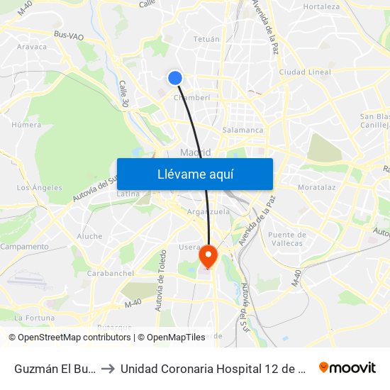 Guzmán El Bueno to Unidad Coronaria Hospital 12 de Octubre map