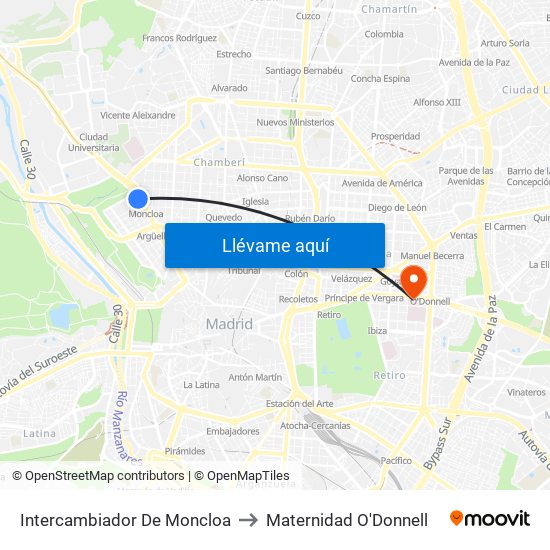 Intercambiador De Moncloa to Maternidad O'Donnell map
