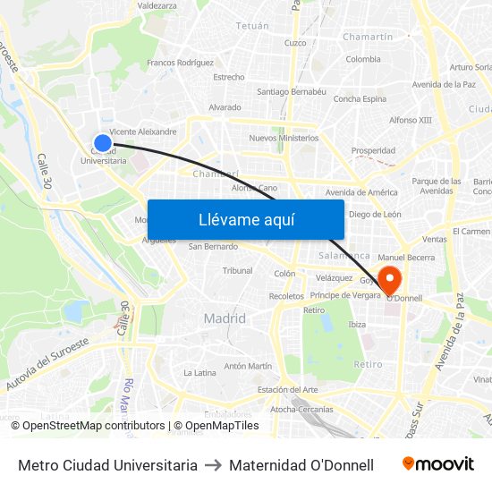 Metro Ciudad Universitaria to Maternidad O'Donnell map