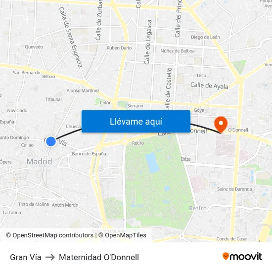 Gran Vía to Maternidad O'Donnell map