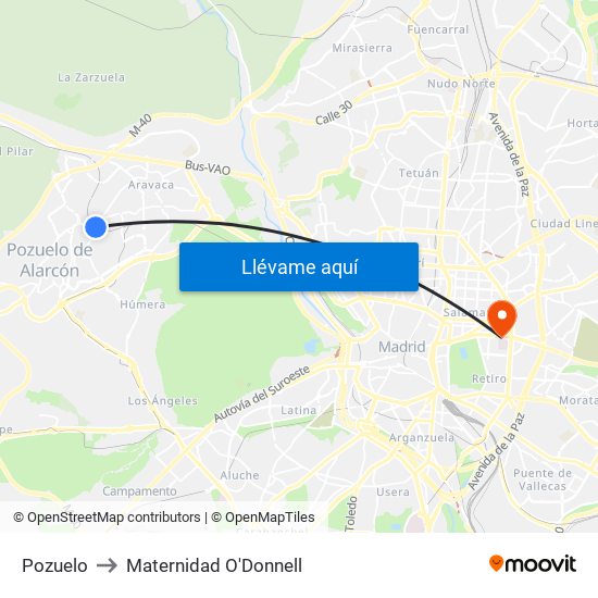 Pozuelo to Maternidad O'Donnell map