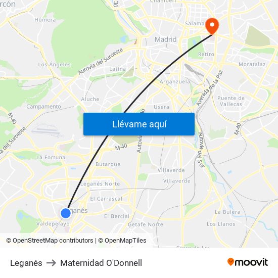 Leganés to Maternidad O'Donnell map