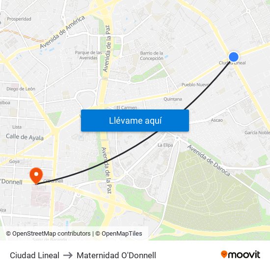 Ciudad Lineal to Maternidad O'Donnell map