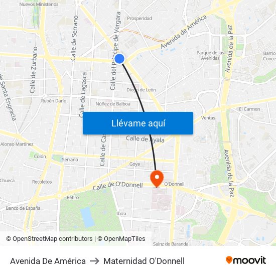 Avenida De América to Maternidad O'Donnell map