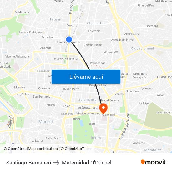 Santiago Bernabéu to Maternidad O'Donnell map