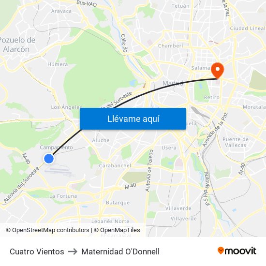 Cuatro Vientos to Maternidad O'Donnell map