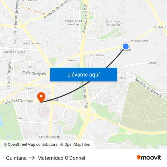 Quintana to Maternidad O'Donnell map