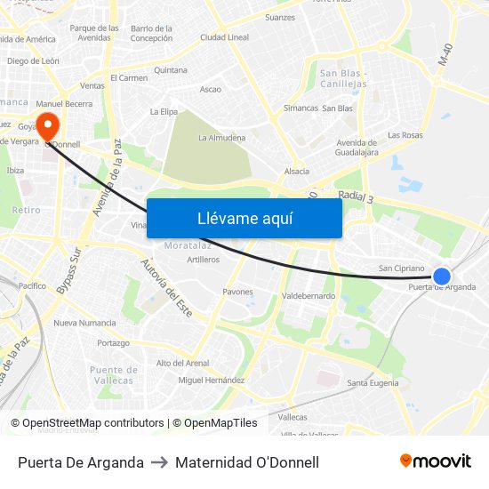 Puerta De Arganda to Maternidad O'Donnell map