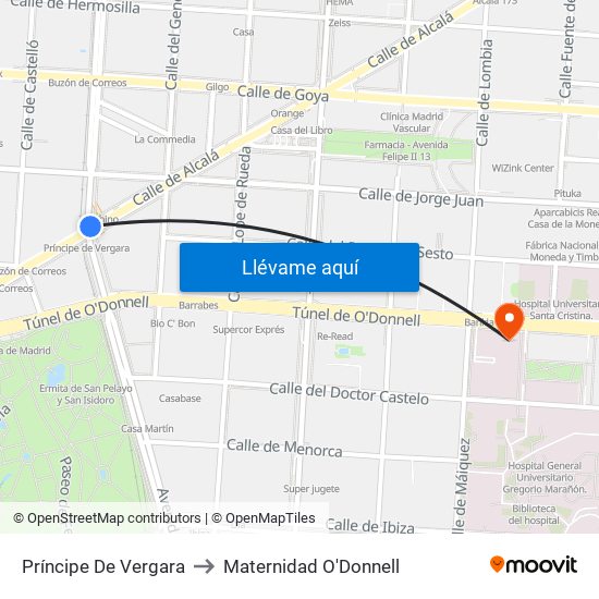 Príncipe De Vergara to Maternidad O'Donnell map