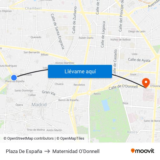 Plaza De España to Maternidad O'Donnell map