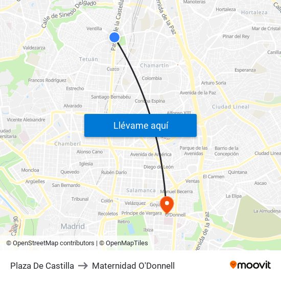 Plaza De Castilla to Maternidad O'Donnell map